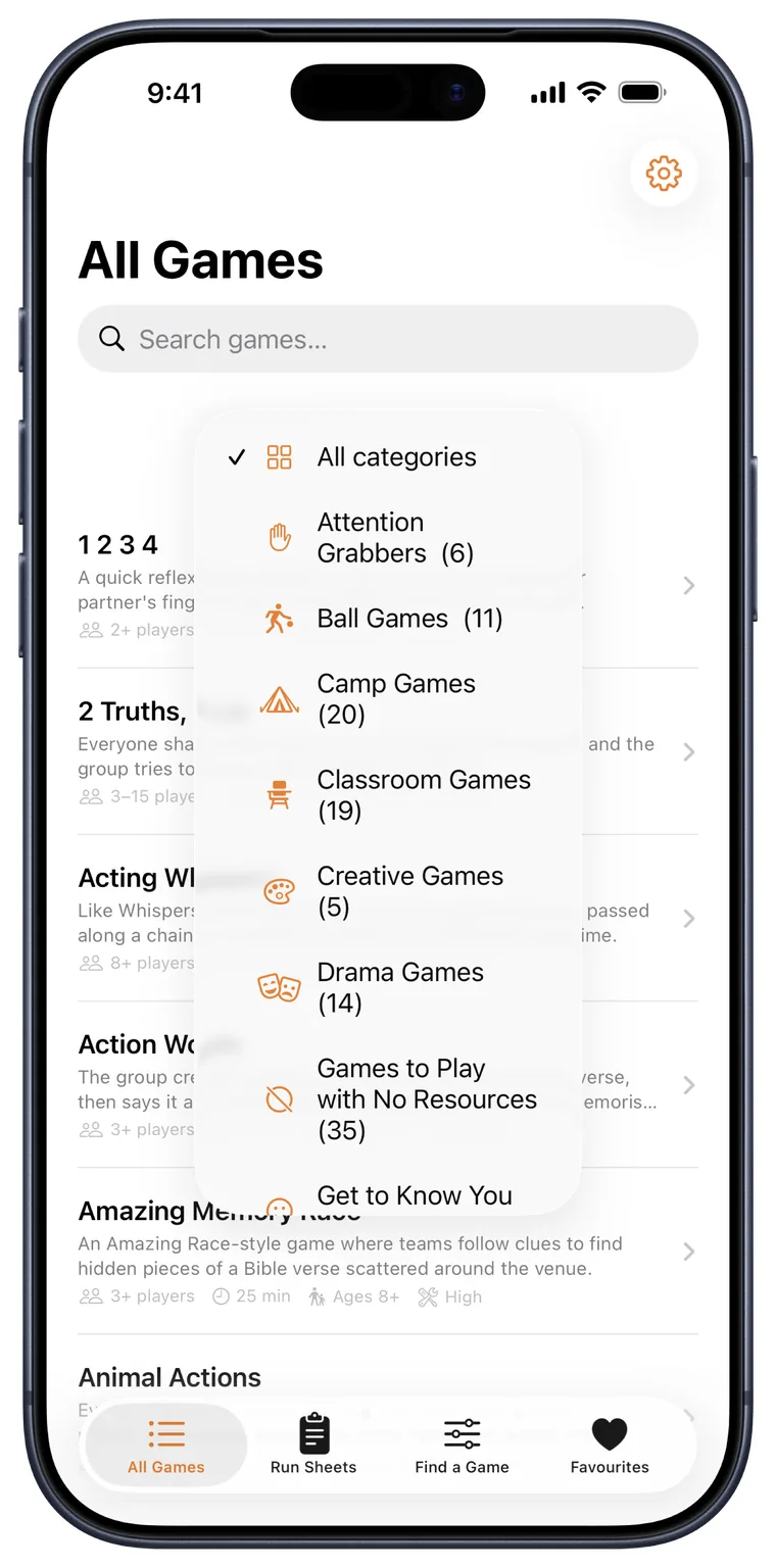 The Group Games app showing the game library with category filters open