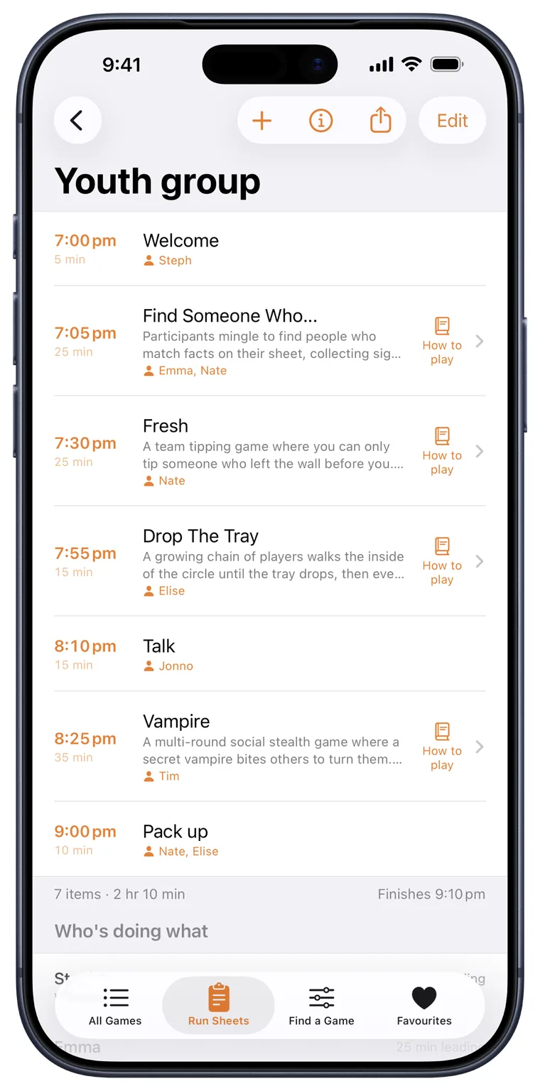 The Group Games app showing a timed run sheet for a youth group night