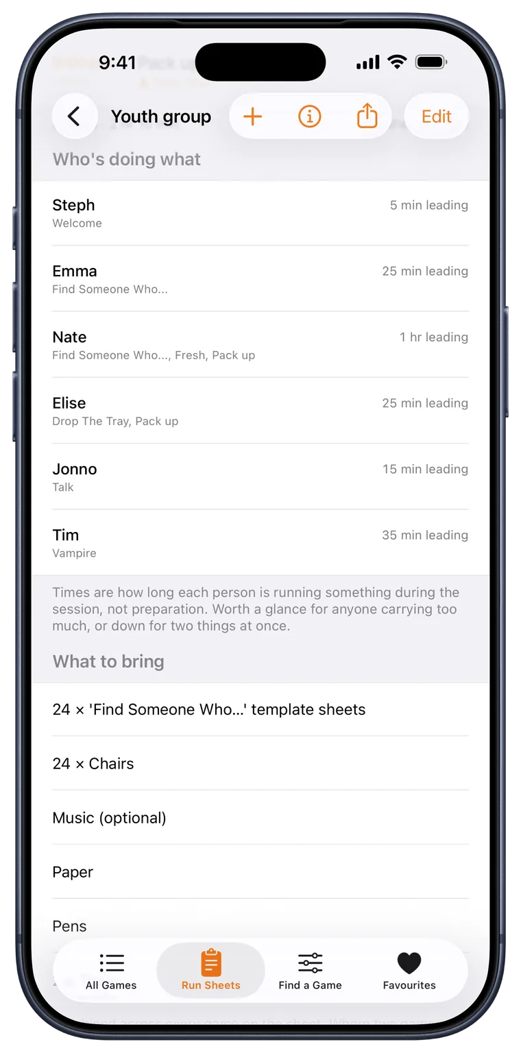 The Group Games app showing who is leading each part of a session